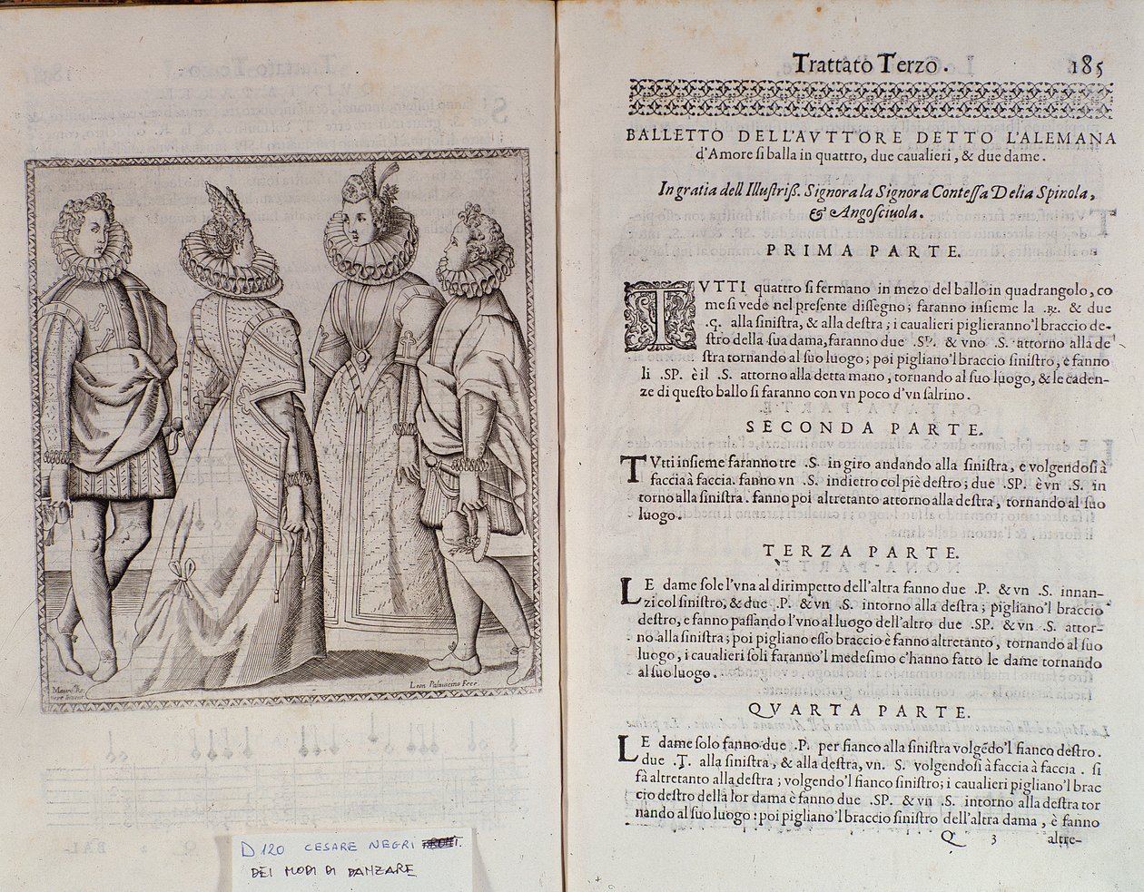 Sådan danser du Alemanna Dobbeltside af Le Gratie dAmore (Le Grazie dAmore) af den italienske danser Cesare Negri kaldet Il Trombone (1536-1604), traktat om dans af Italian School