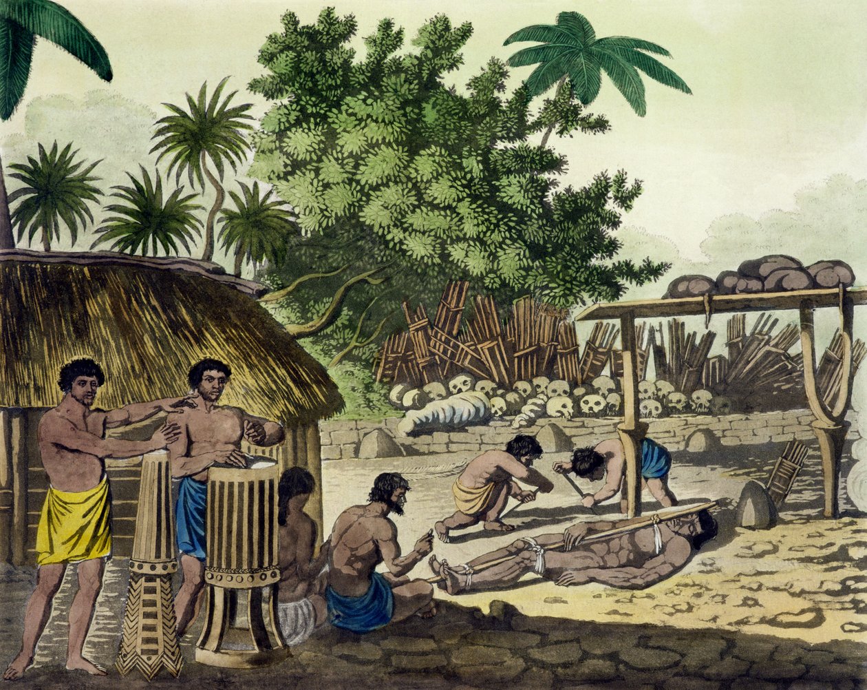 Menneskeofring ved Otaheite, plade 84 fra Le Costume Ancien et Moderne, af Jules Ferrario, udgivet ca. 1820