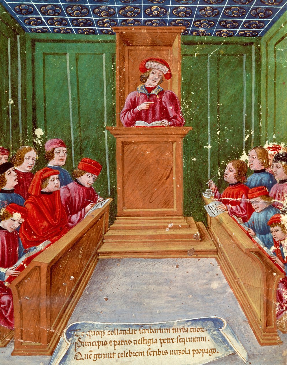 Humanisme:"" Undervisning i notarialret ved universitetet i Bologna"" Miniature fra et manuskript fra det 15. århundrede Museo Civico, Bologna af Italian School