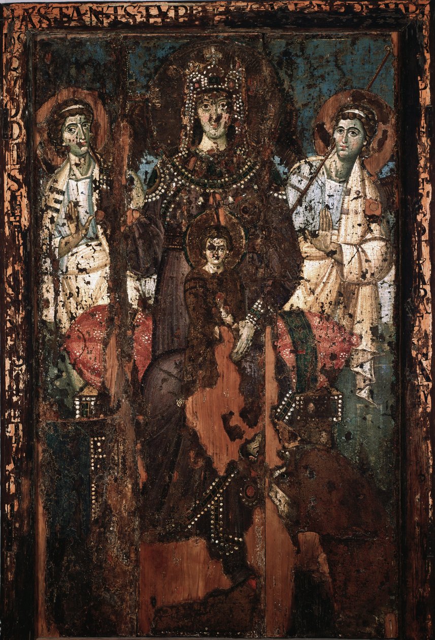 Ikon af Jomfruen af Clemence eller Madonna Theotokos Painting a l"encaustic et tempera 8th century Church of Saint Mary in Trastevere af Italian School