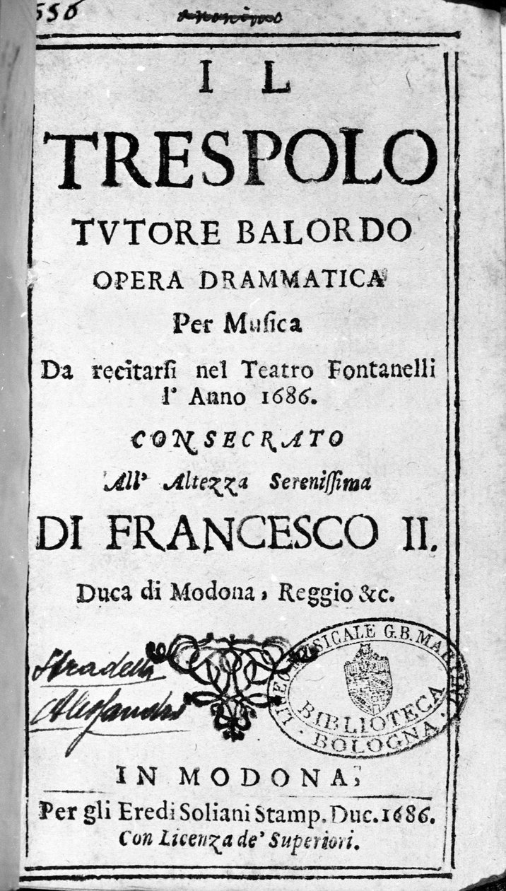 Aborrelæreren tåbelige partitur til operaen af ​​Alessandro Stradella (1644 - 1682) italiensk komponist. Modena 1688. af Italian School