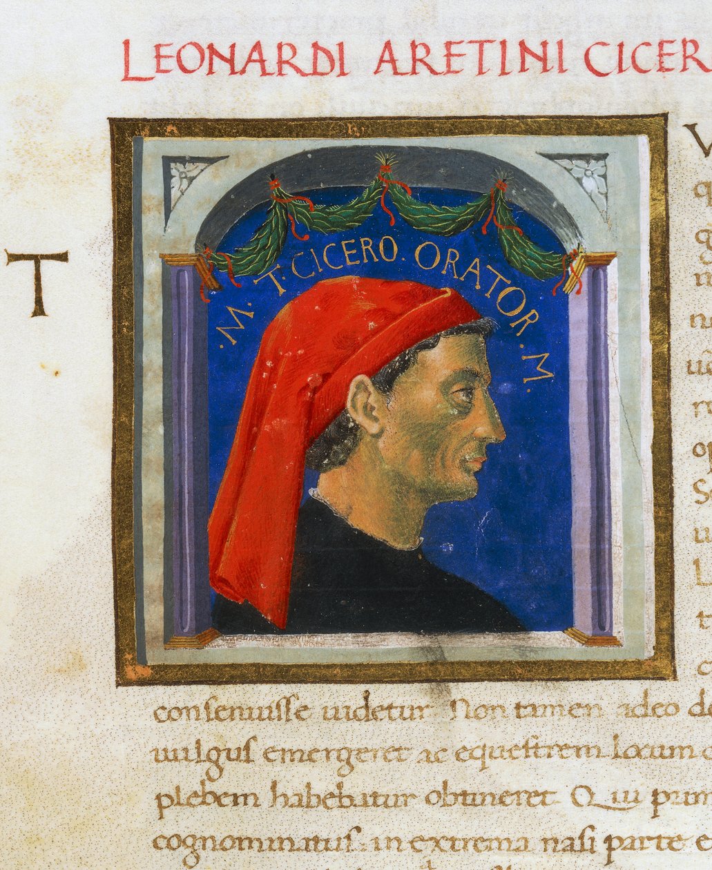 Belyst side med profil af Cicero, bind 1, venstre 1, F 303 R, Vitae kendetegnet ved Plutarch (CA 46-127), manuskript, Italien af Italian School