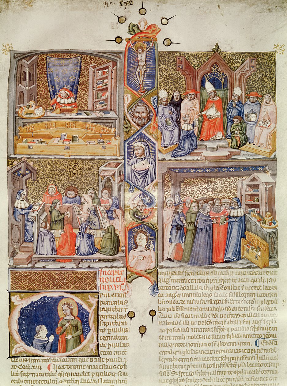 Illumination opdelt i fire scener: En juristkonsulent ved sit bord; En pave bliver tilbudt en bog; En lektion i et jurakollegium; En boghandel med en historisk hovedstad med St. Catherine og en Or af Italian School