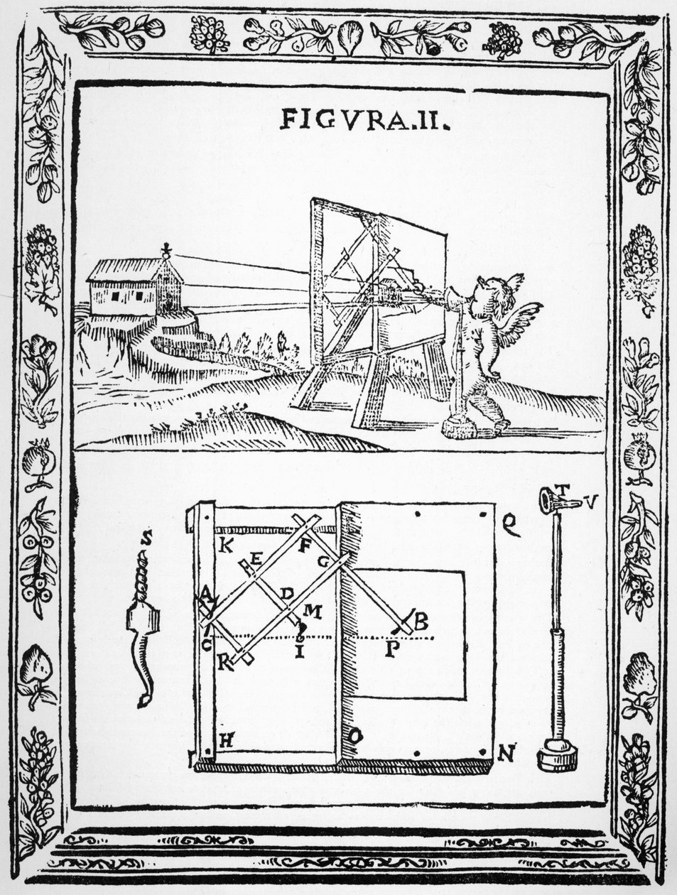 Illustration af Giulio Troilis idé om at bruge en strømaftager til at tegne i perspektiv, fra originalen udgivet i 1683 af Italian School