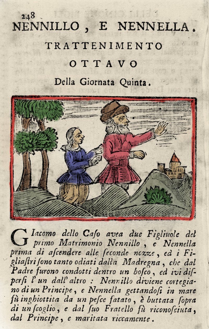 Illustration af historien af ​​Giambattista Basile (1575-1632) "" Poucet et Poucet (Nennillo og Nennella)""" fra bogen "" Pentamerone"", dag v, historie 8. Udgaver af Napoli af Italian School