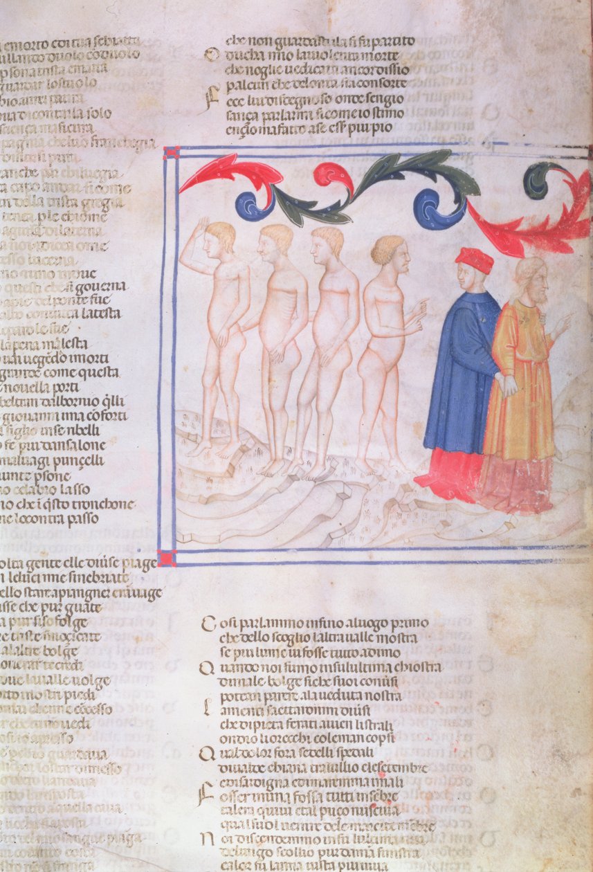 Inferno XXIX f.21r Geri del Bello in the Circle of the Falsifiers, fra Den guddommelige komedie af Dante Alighieri (1265-1321) af Italian School