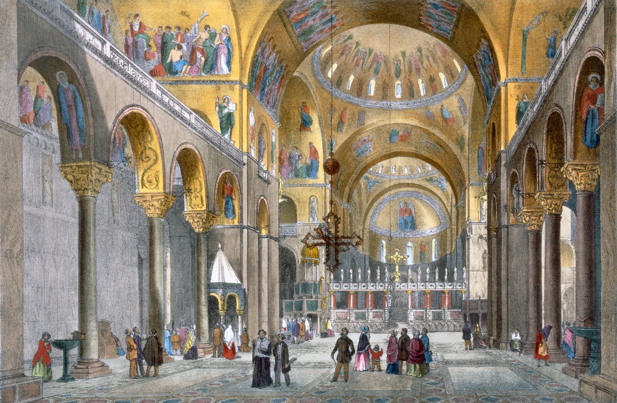 Interiør af San Marco-basilikaen, ser mod kuplen, fra Views of Venice af Cecchini, Pividor og Viola, ca. 1850 (håndfarvet litho) af Italian School