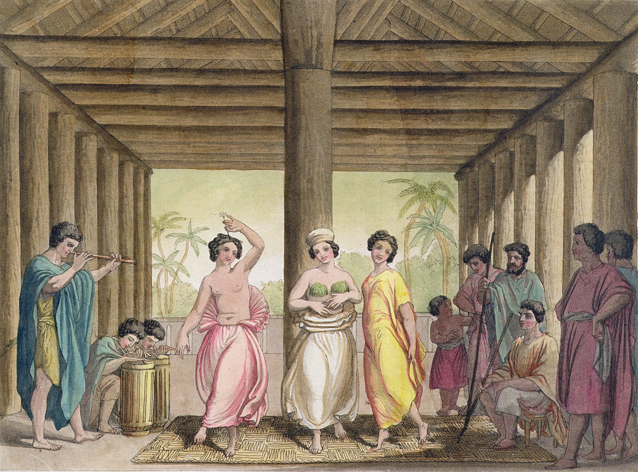Interiør af et tahitiansk hus med dansende piger, illustration fra en samling af rejsebøger fra det tidlige 19. århundrede af Italian School