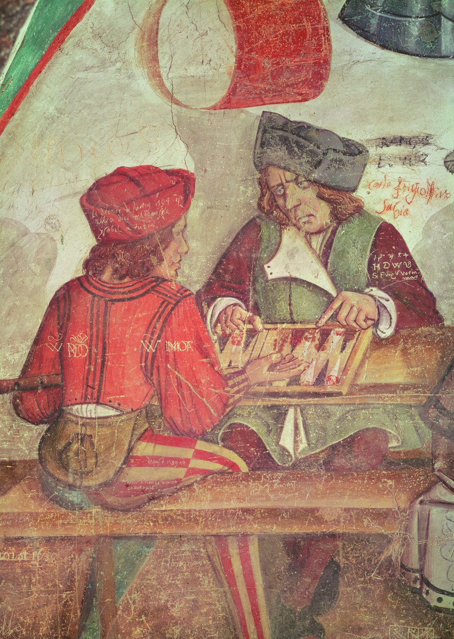 Interiør af en kro, detalje af backgammonspillere (fresco) af Italian School