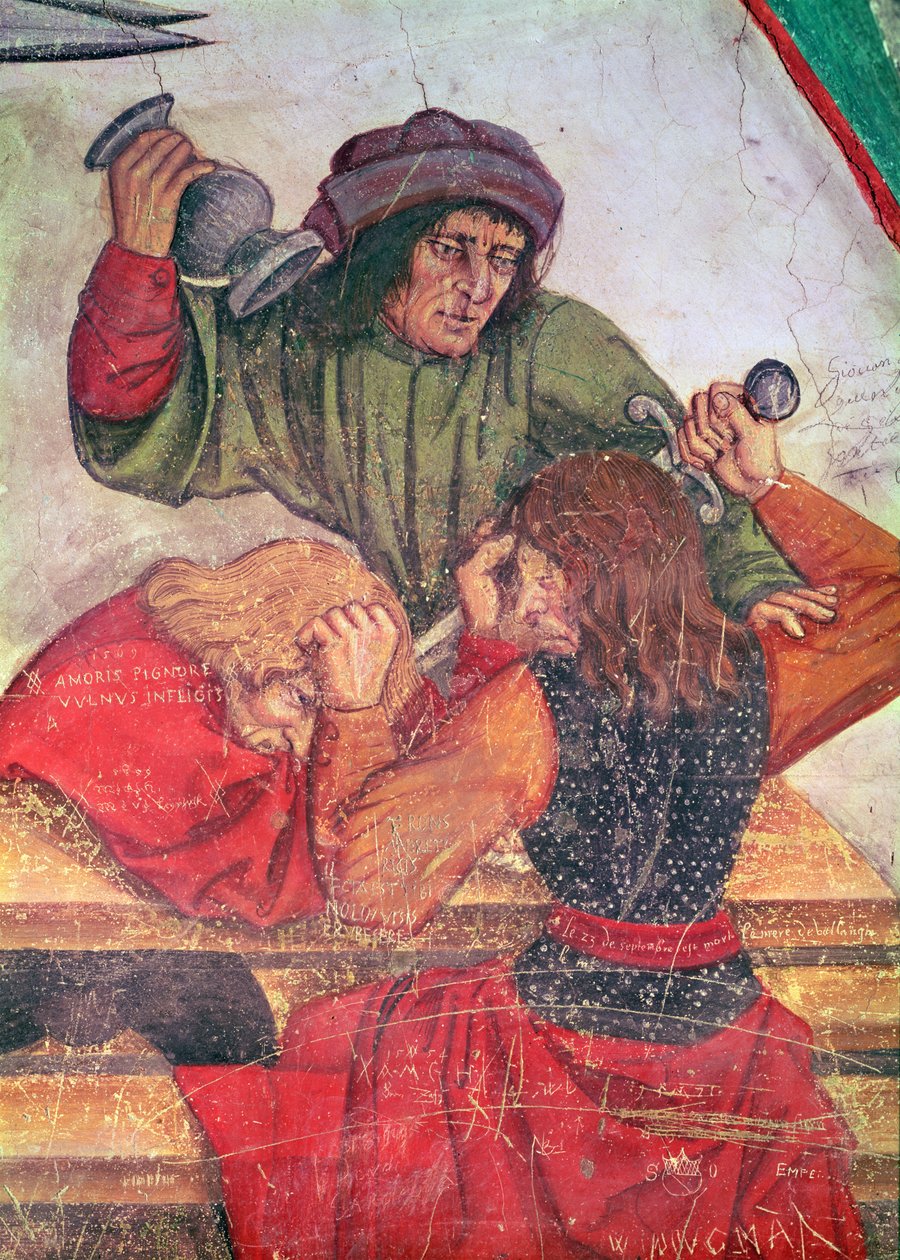 Interiør af en kro, detalje af drikkende, der kæmper (fresco) af Italian School