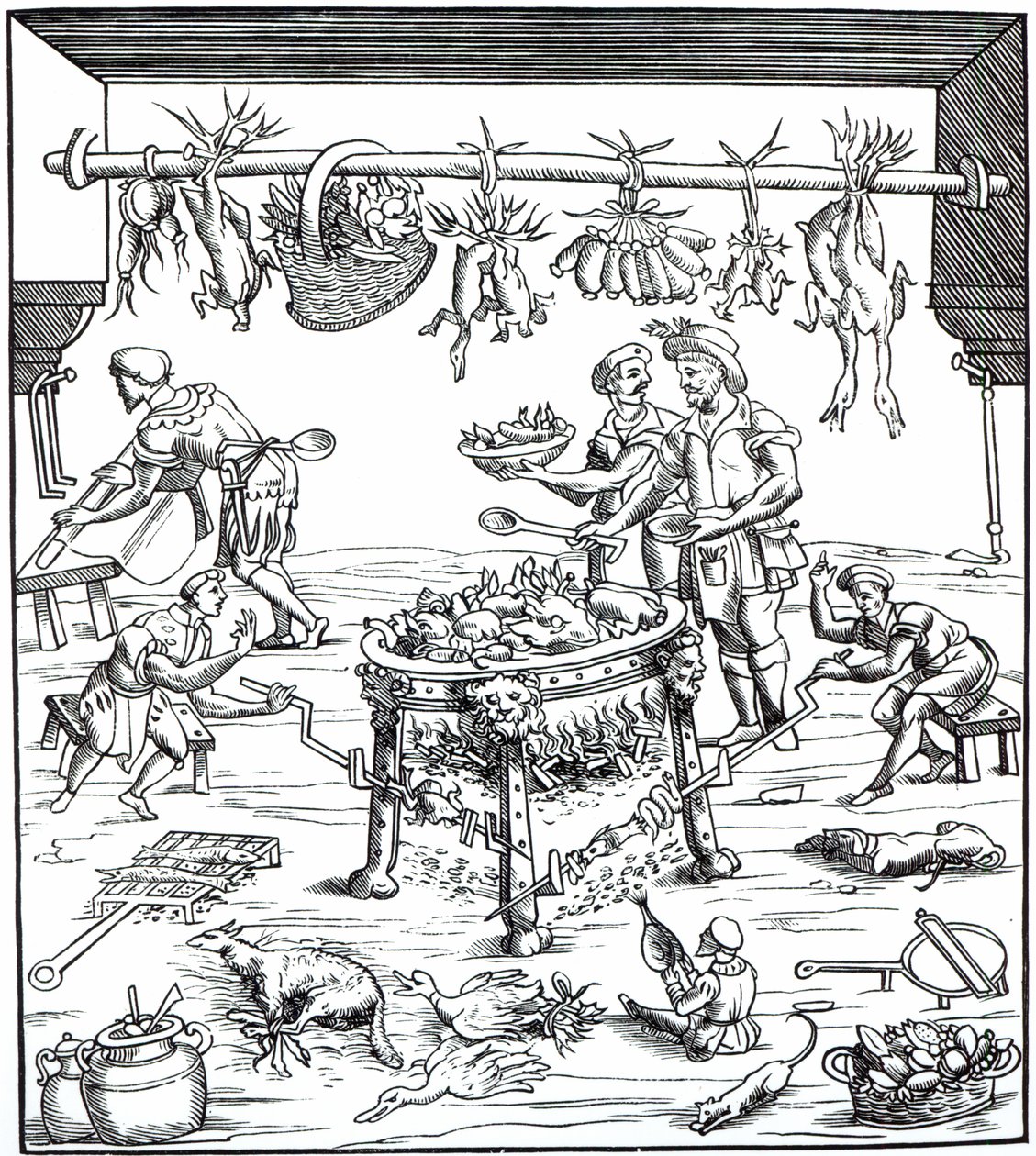 Interiør i et italiensk køkken, efter træsnit i Banchetti composidi di Vivende af Christoforo di Messisburgo, udgivet 1549 af Italian School