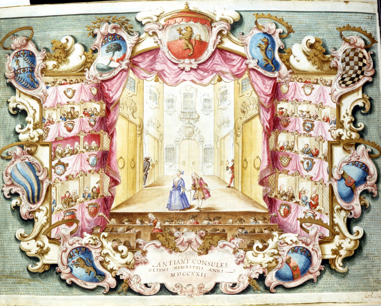 Interiør af Theatre de la Sala i Bologna i 1722. Tryk af perioden. Statsarkivet, Bologna. af Italian School