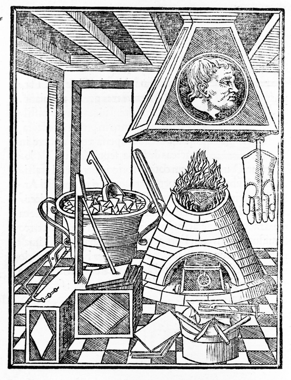 Indvendigt billede af et metallurgiværksted Gravering fra "Voarchadumia contra alchimiam ars distincta ab archimia et sophia.." af Giovanni Agostino Pantheo (1517-1535) af Italian School
