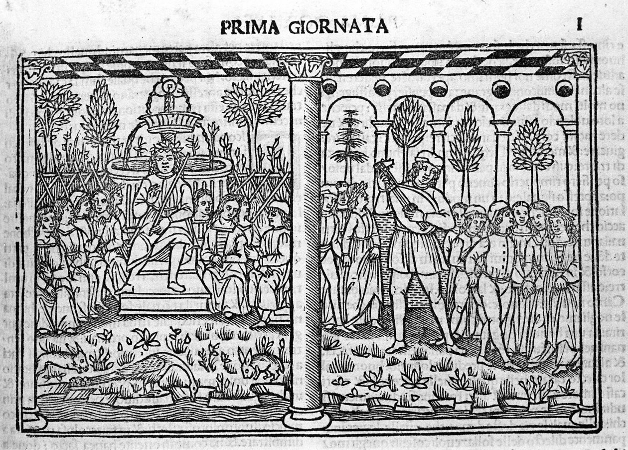 Indledning: Repræsentation af forfatteren til Decameron omgiver ti unge mennesker. Illustration af den første dag af Decameron (1349-1351) af Giovanni Boccaccio eller Jean Boccace (1313-1375), gravering i "" Decamerone ouer Cento nouelle"" Venedig, Bartol af Italian School