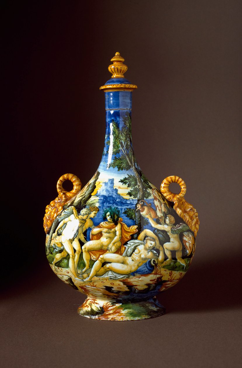 Io et Juno Keramisk karaffel produceret i Urbino i værkstedet Fontana, Italien. Firenze fra det 16. århundrede, Museo Nazionale del Bargello - Io og Juno. Keramikkande fra Fontana værksted, Urbino. 16. århundrede. Nationalmuseet i Bargello, Firenze, Italie af Italian School