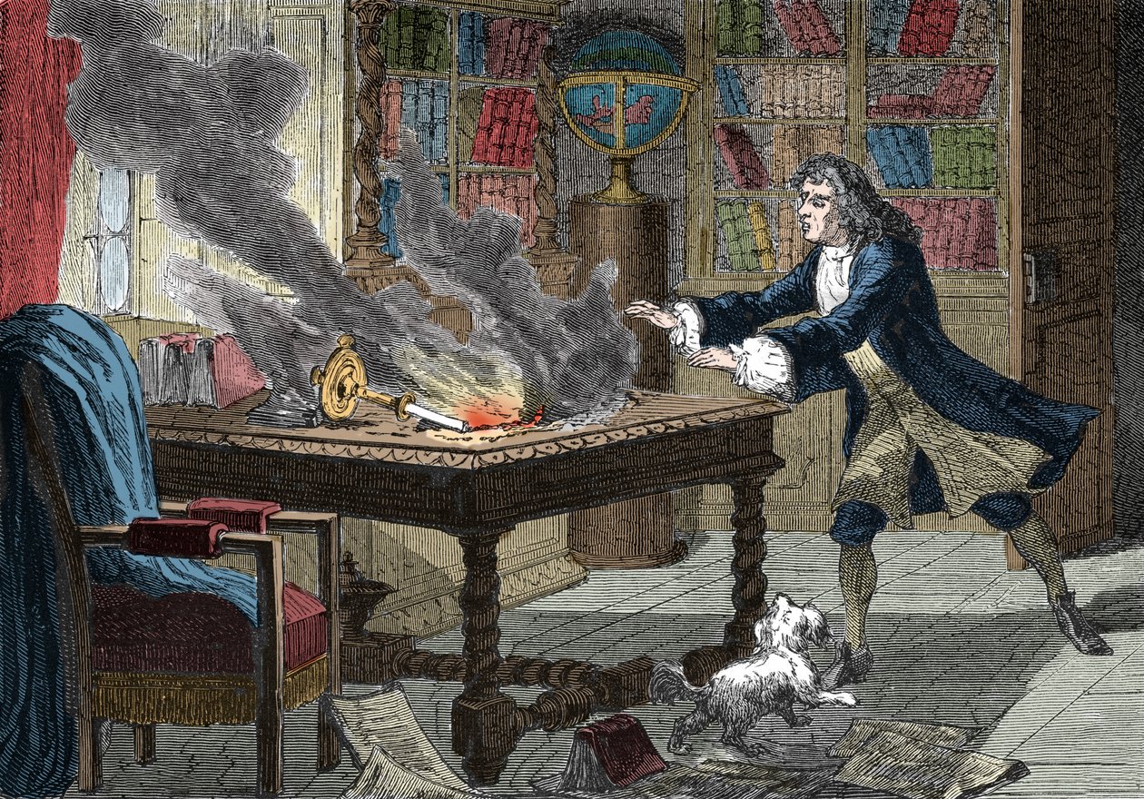 Isaac Newtons hund vælter et stearinlys og sætter ild til hans papirer af Italian School