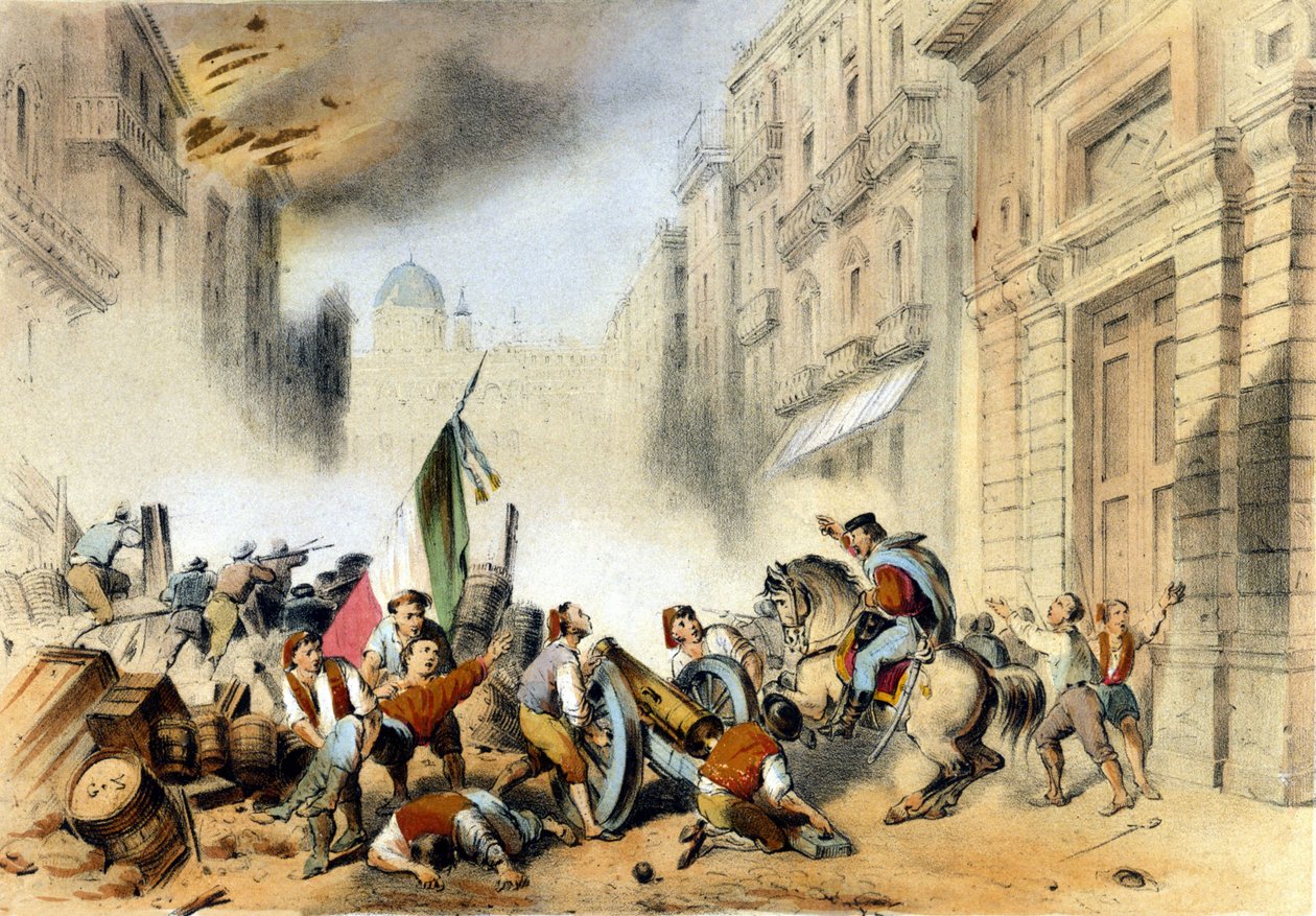 Italiensk forenes: den 26/05/1860 gik Giuseppe Garibaldi, i spidsen for sine røde skjorter, de tusinde, ind i Palermo på Sicilien og slog et afgørende slag mod kongeriget Bourbonerne i Napoli. Indgravering af det 19. århundrede af Italian School