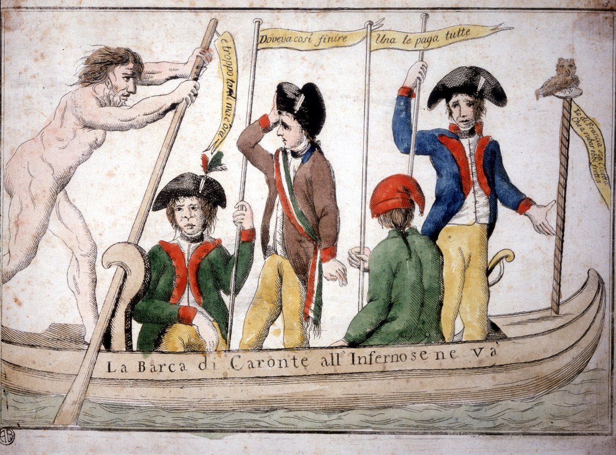 Italiensk tegneserie om Napoleon Caron, der tager Napoleon til helvede i sin båd. af Italian School