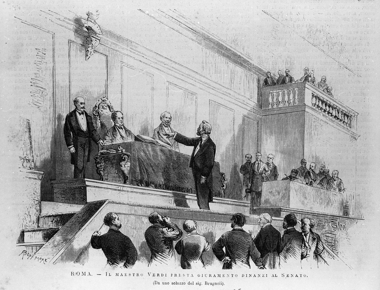 Den italienske komponist Giuseppe Verdi (1813-1901) udnævnt til senator til senatet i 1874, Rom. Stik fra 1875. af Italian School