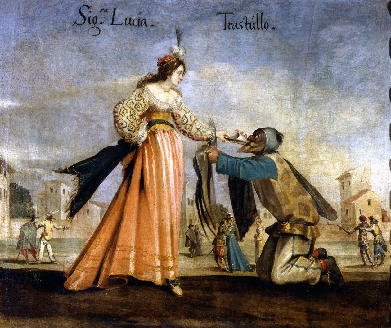 italienske masker. Maleri af Bologna-skolen i det 17. århundrede: Madame Lucia og Trastullo. Museo Scala Milano af Italian School