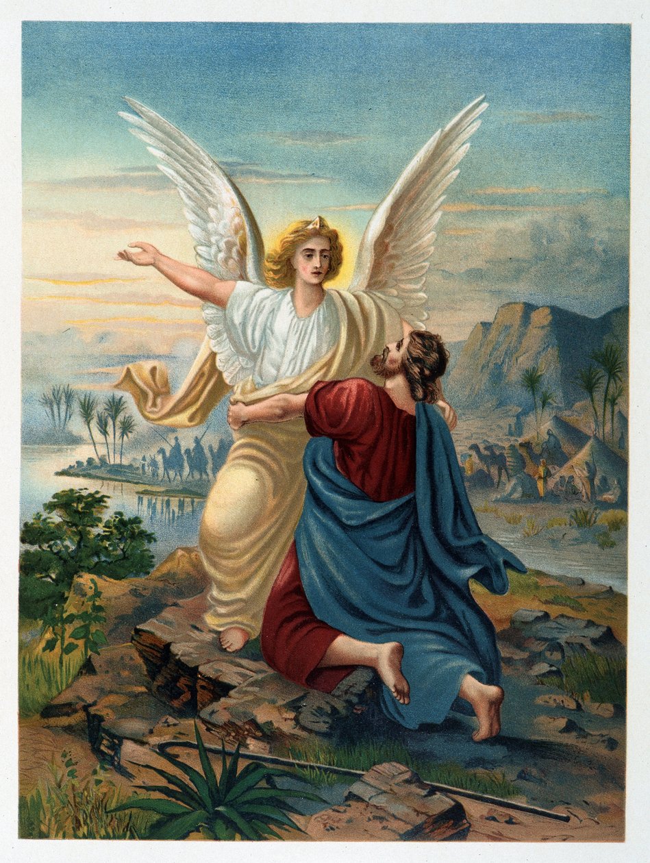 Jakobs kamp med englen i "Den gyldne klassiske bibel: historie om guddommelig åbenbaring i det gamle og i den nye stræben" "af Giovanni Ladislao Sykora (bd. 1), oversat af Don Clemente Benetti. (italiensk bibel) af Italian School