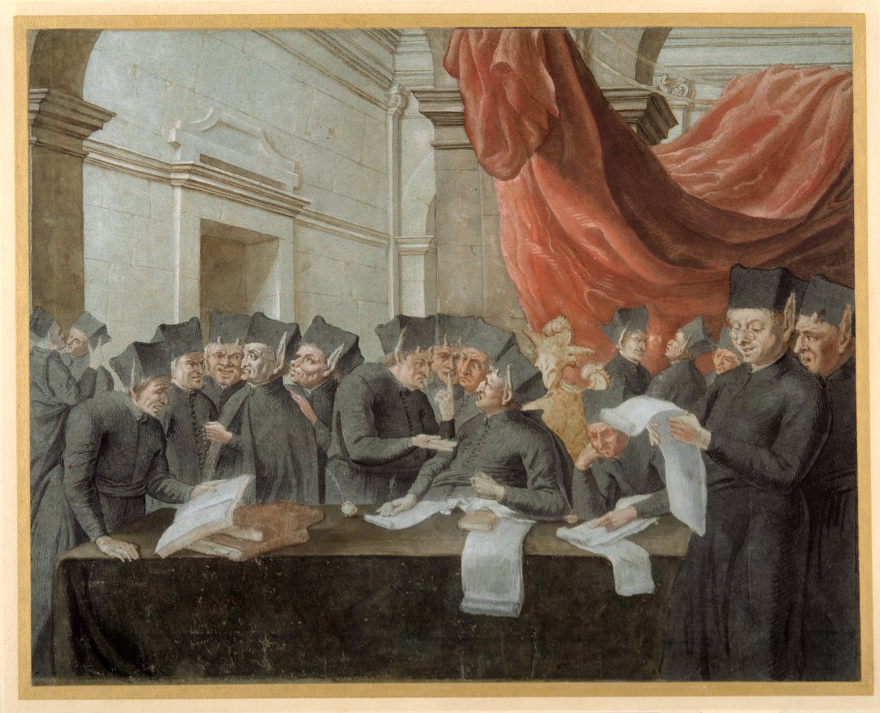 Jesuitter i konklave, skændes om regnskaber (pen og blæk med akvarel på papir) af Italian School