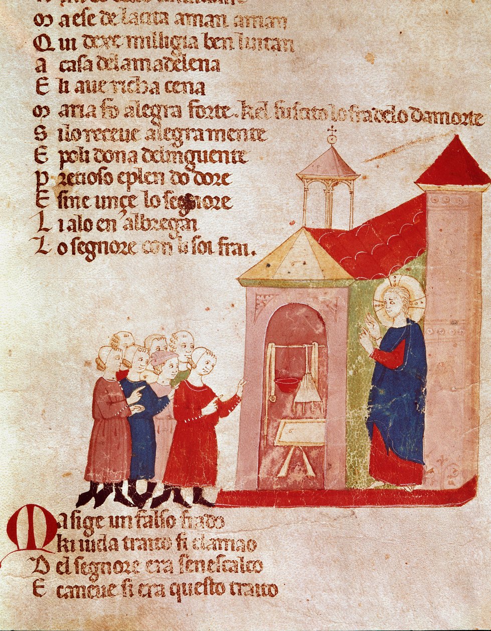 Jesus chez Marie Madeleine Miniature fra "" Del novo e del vedre testamento "" af Pietro da Barsegape (13. århundrede) 14. århundrede Milano, Biblioteca Braidense af Italian School