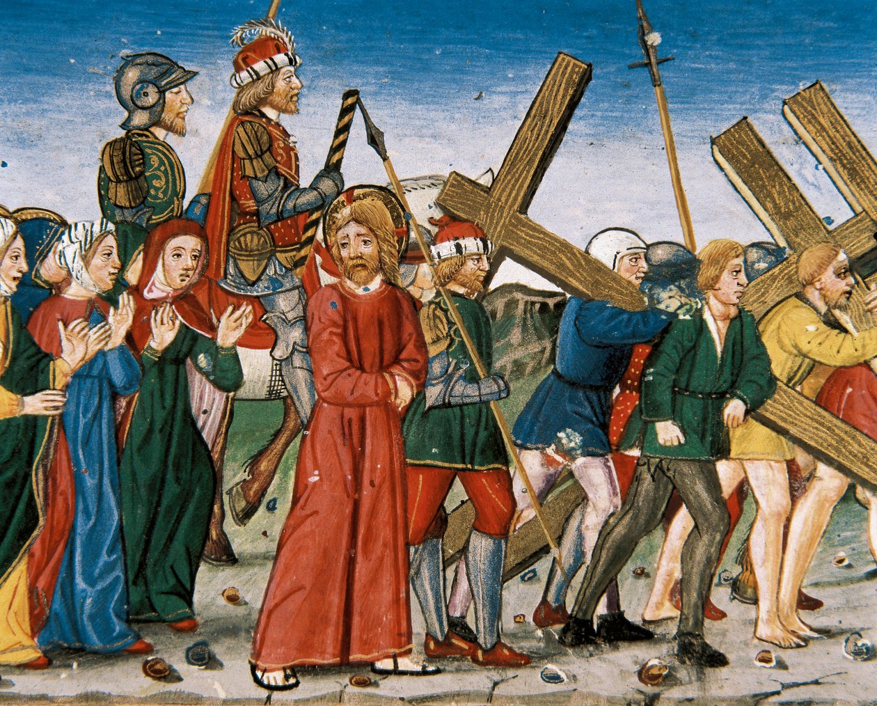 Jesus fører til Golgata og de hellige kvinder på vejen. Manuskript af Cristobal de Predis (1440-1486) af Italian School