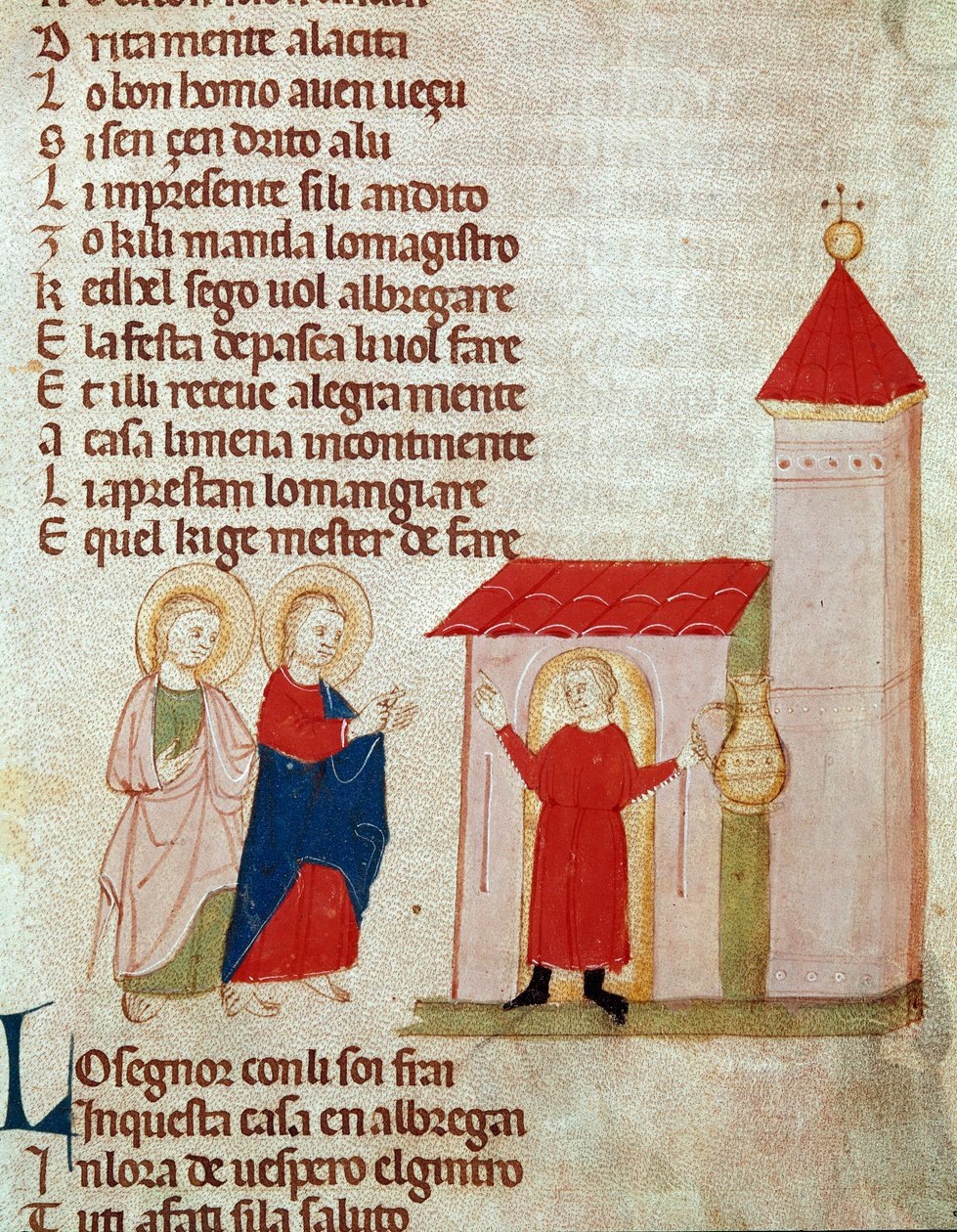 Joseph og Mary søger asyl Miniature fra "" Det Nye og Gamle Testamente"" af Pietro da Barsegape (13. århundrede) 14. århundrede Milano, Braidense Library af Italian School