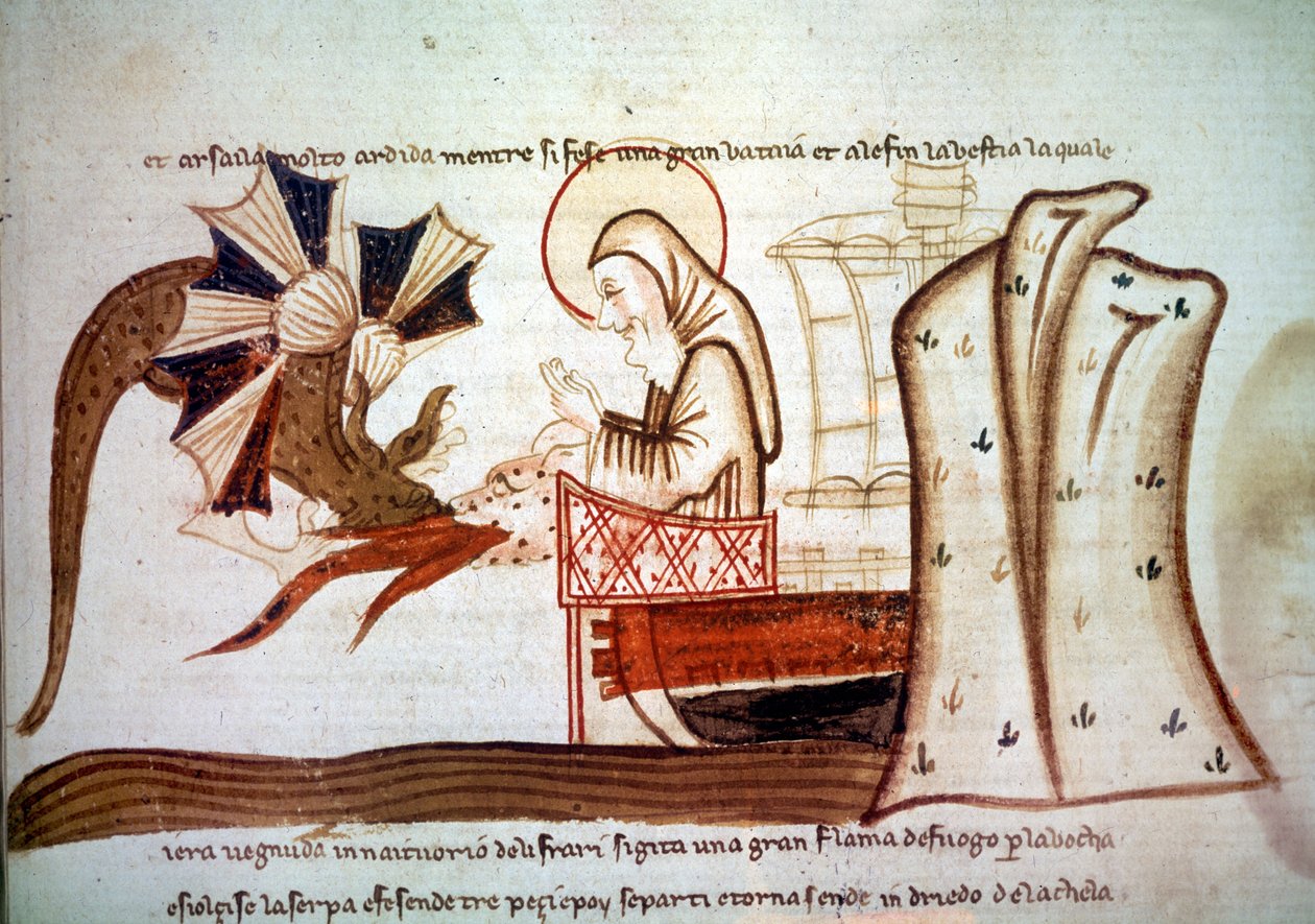 Journey of Saint Brandan - Møde mellem Saint Brendan (Brandan), munkenavigatør fra det 6. århundrede med et flyvende havmonster. manuskript Venedig, 2. halvdel af 1300-tallet Paris, BNF, Manuskripter, italiensk 1708, f. 16 af Italian School