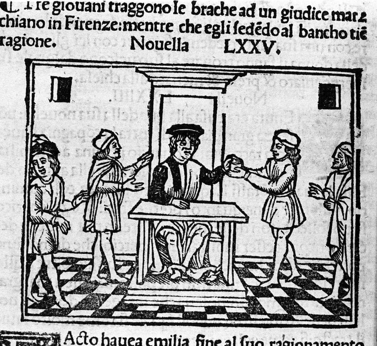 Dommerscene i Firenze. Illustration til nyhederne 75 (Ny 5 af den ottende dag) af "Decameron"" af Giovanni Boccaccio dit Jean Boccaccio (1313-1375), italiensk forfatter. Gravering i "" Decamerone ouer Cento nouelle"" Venedig, Bartolomeo de 