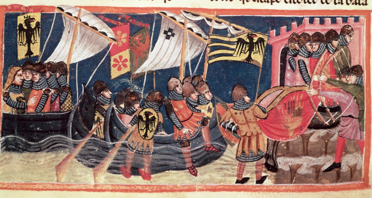 Julius Cæsar (100-44 f.Kr.) lander i England, fra Le Vite di Dodici Cesari af Gaius Suetonius Tranquillus (ca.75-150) af Italian School