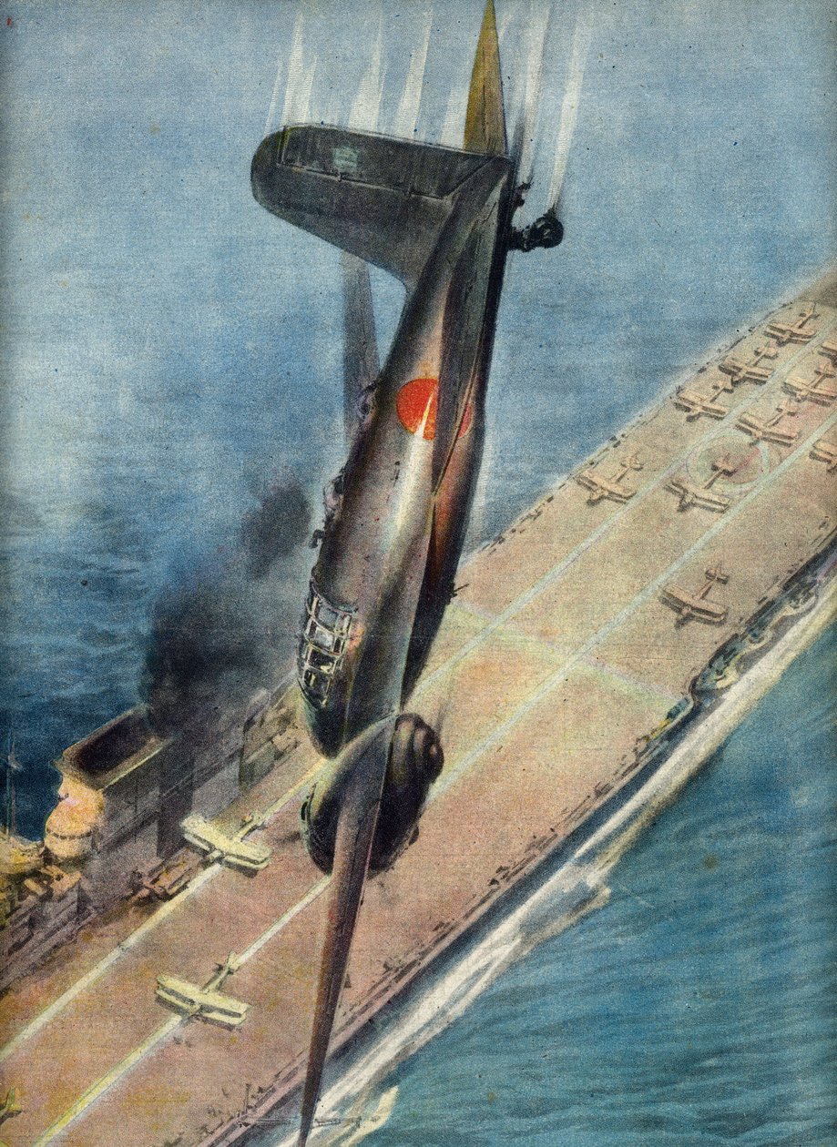 Kamikaze-flyveren Abe angriber et britisk hangarskib, illustration fra 