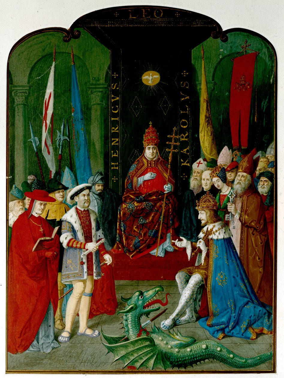 Kong Henrik VIII i strid med kejser Charles V før pave Leo X. Henrik holder en rulle, som kan være tyren fra 1521, der giver ham titlen 