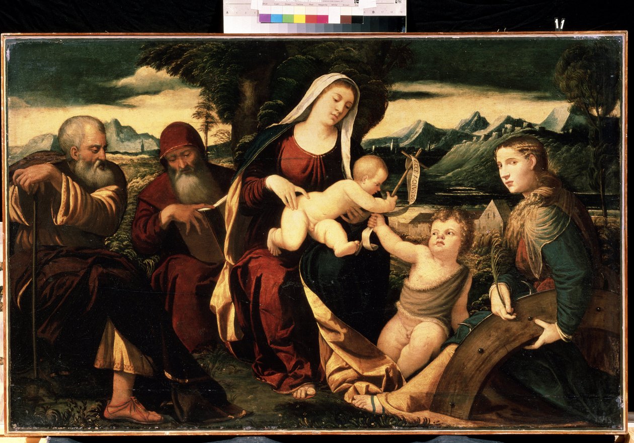 ""Den hellige familie med Johannes Døberen"" (Den hellige familie med Johannes Døberen) Sammen med dem er repræsenteret den hellige Katarina af Alexandria og den hellige Hieronymus. Maleri af den italienske skole fra slutningen af ​​1500-tallet. Mikhail Kr af Italian School