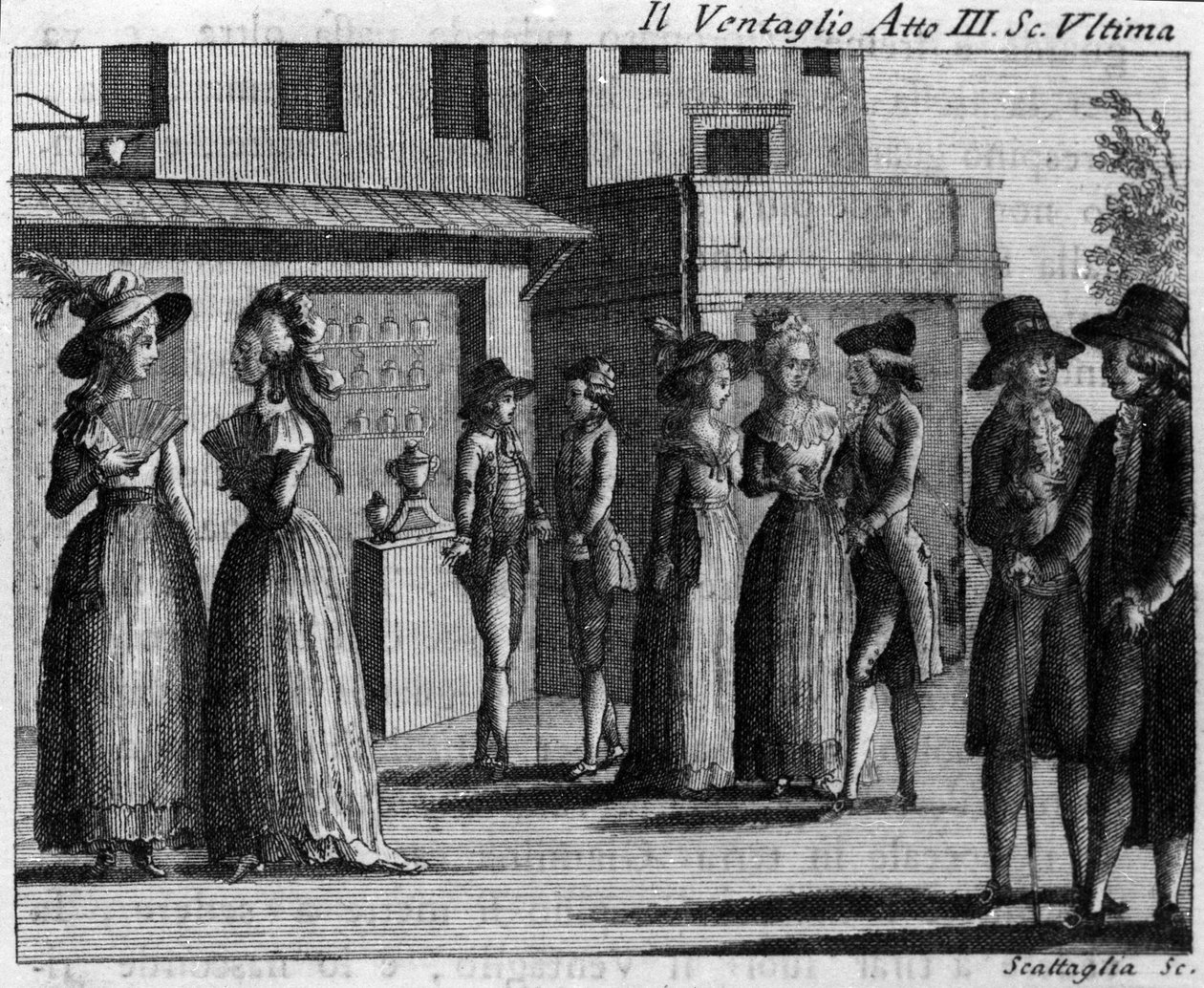 Sidste scene i tredje akt af tegneserien "" Il ventaglio"" (The eventel) (1764) af Carlo Goldoni (1707-1793). Stik af det 18. århundrede af Italian School