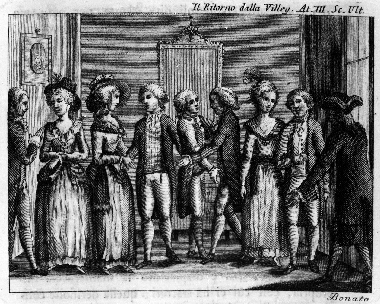 Sidste scene i tredje akt af tegneserien "" Ritorno della villeggiatura"" (Byens tilbagevenden) (1761) af Carlo Goldoni (1707-1793). Indgravering af det 18. århundrede. af Italian School