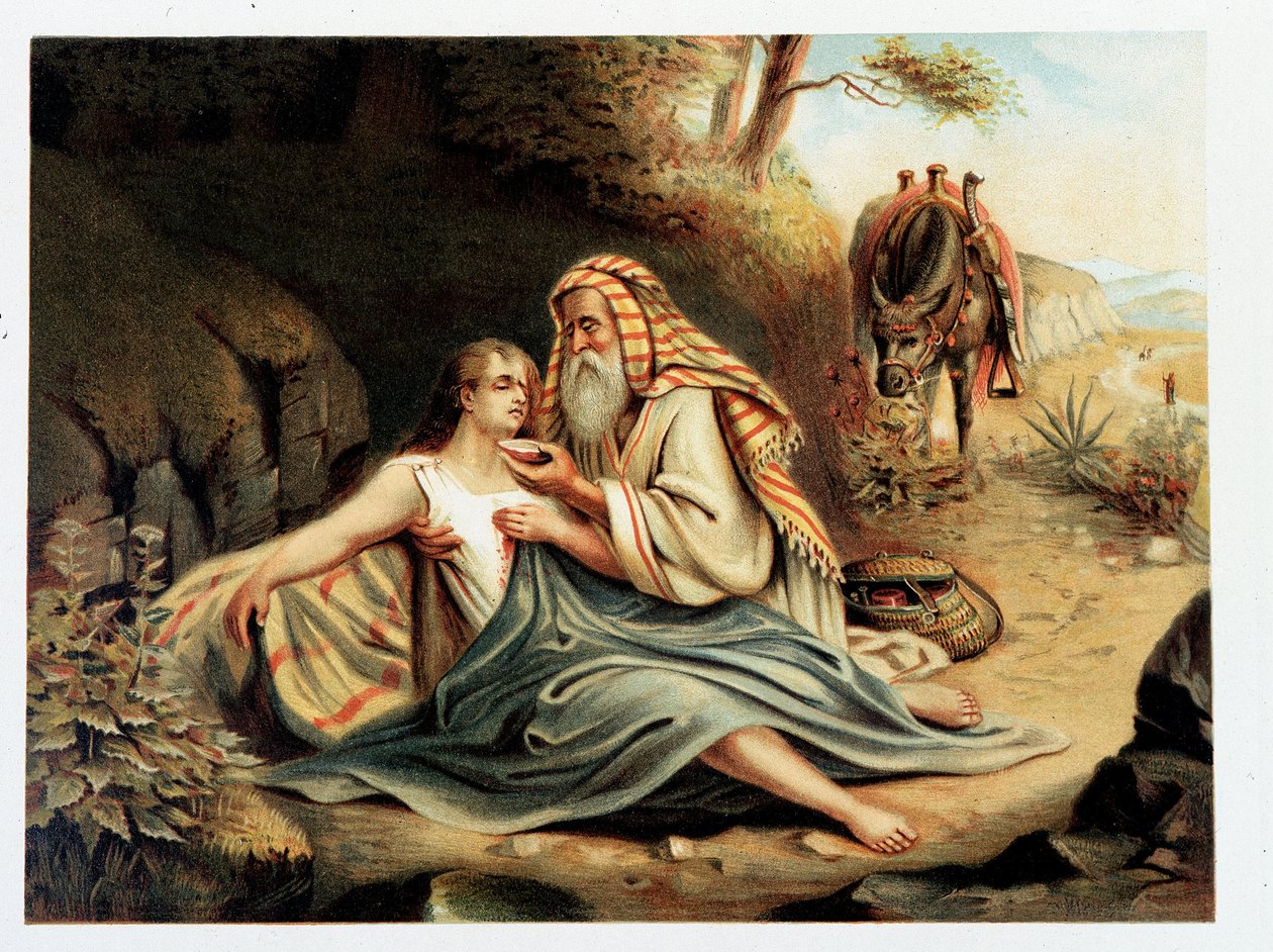 Le Bon Samaritan - i "" Gyldne klassiske bibel: historie om guddommelig åbenbaring i det gamle og i det nye stræben "" af Giovanni Ladislao Sykora (bd. 2), oversat af Don Clemente Benetti. (italiensk bibel) af Italian School