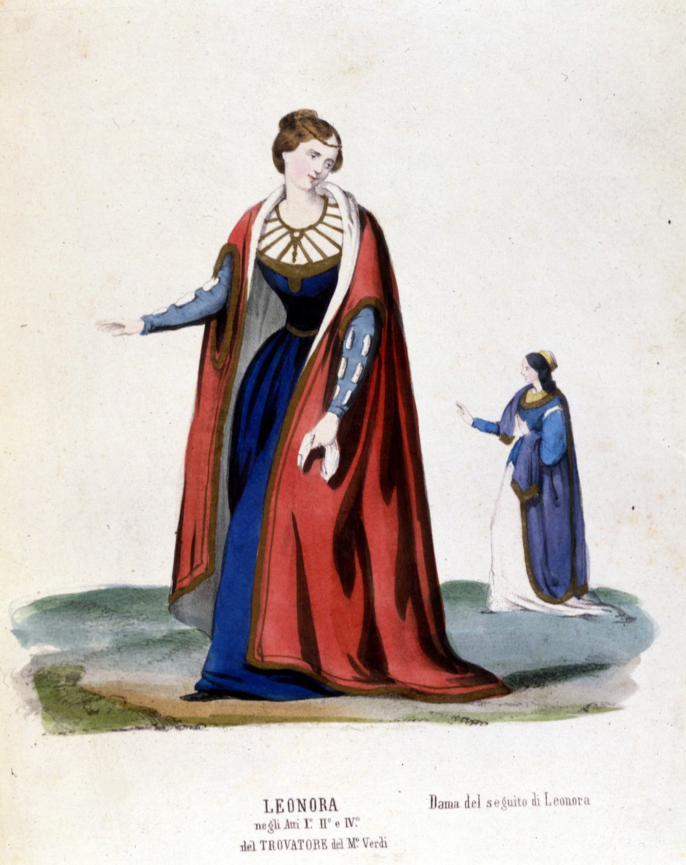 Leonoras kostume til den første repræsentation af Trouvère (Trovatore) af Giuseppe Verdi (1854) biblioteca de la scala de Milan af Italian School