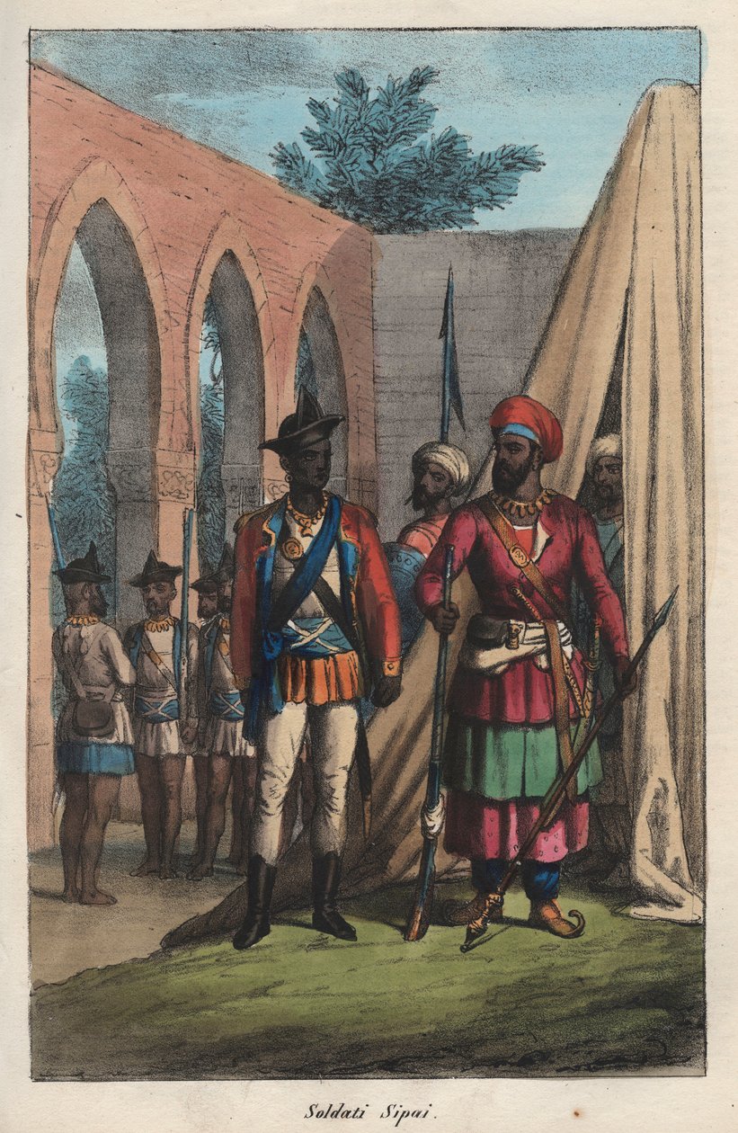 Les sepoys (cipaye, cipahi, cepoy, sipahi), hær sammensat af indianere til tjeneste for East India Company - indisk sepoy (soldat) - gravering fra "Skikke og skikke for alle folk i universet. Det er historien om regeringen, lovene, militsen, d af Italian School