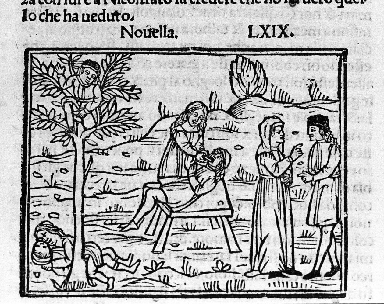 Lidia, en utroskabskone, bliver overrasket af sin mand i Pirros arme. Illustration til nyhederne 69 (Ny 9 af den syvende dag) af "Decameron"" af Giovanni Boccaccio dit Jean Boccaccio (1313-1375), italiensk forfatter. Indgravering i "" Decamerone over Cento af Italian School