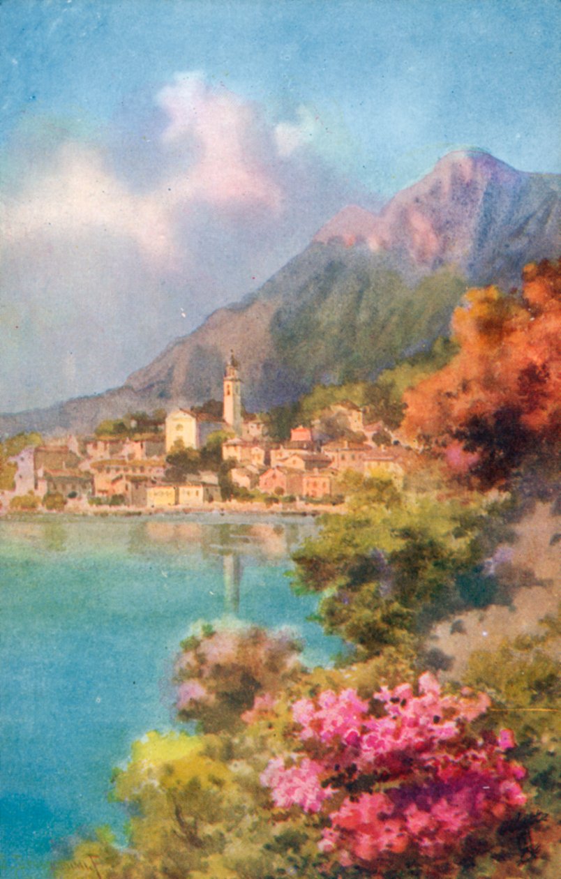 Limone, Gardasøen, Italien (farvelitografi) af Italian School