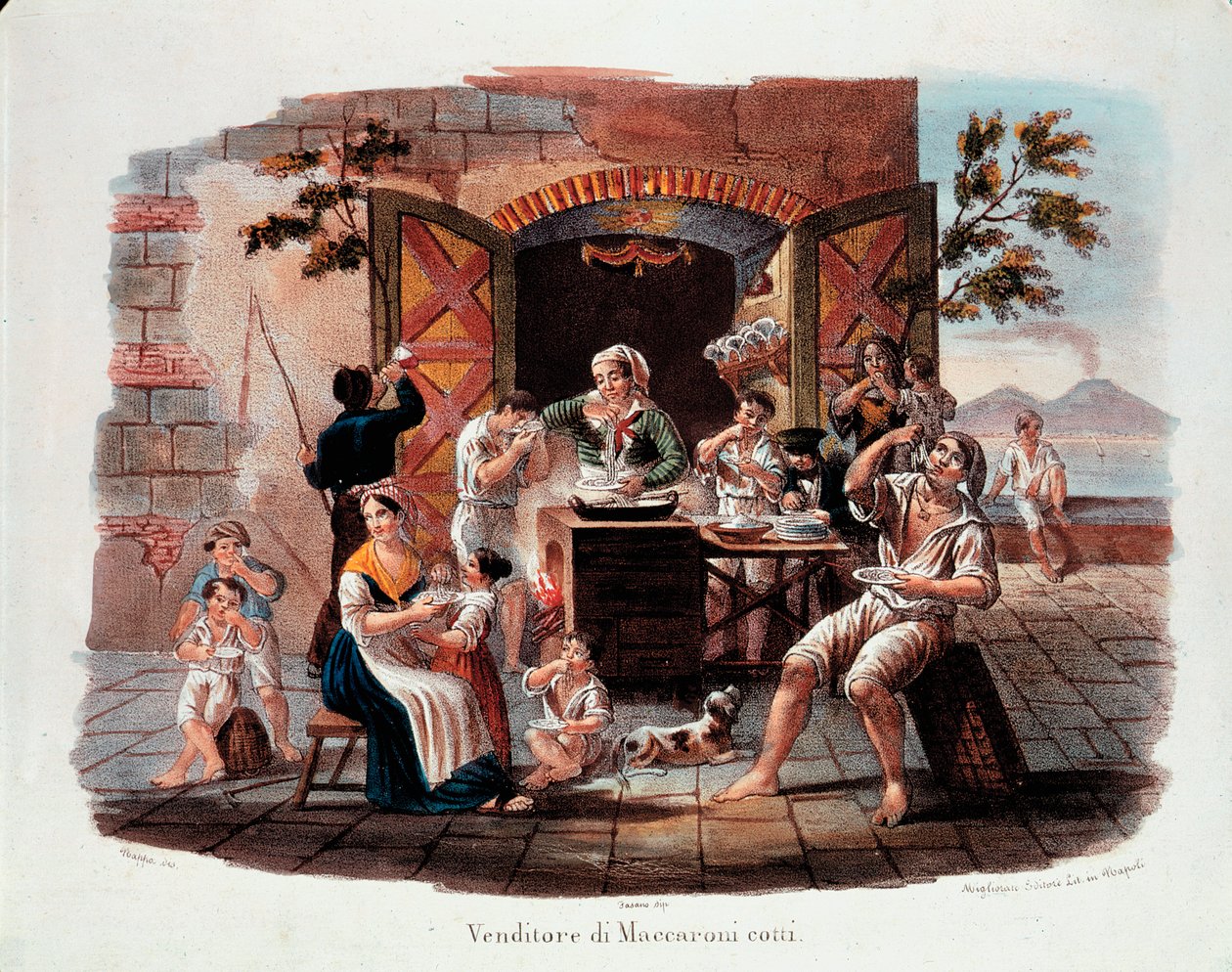 Lille napolitansk metier: en sælger af kogte makaroni. I det fjerne vesuen ved Napoli-bugten. Litografi af det 19. århundrede. Nationalmuseet for Pasta, Agnesi Foundation, Rom af Italian School
