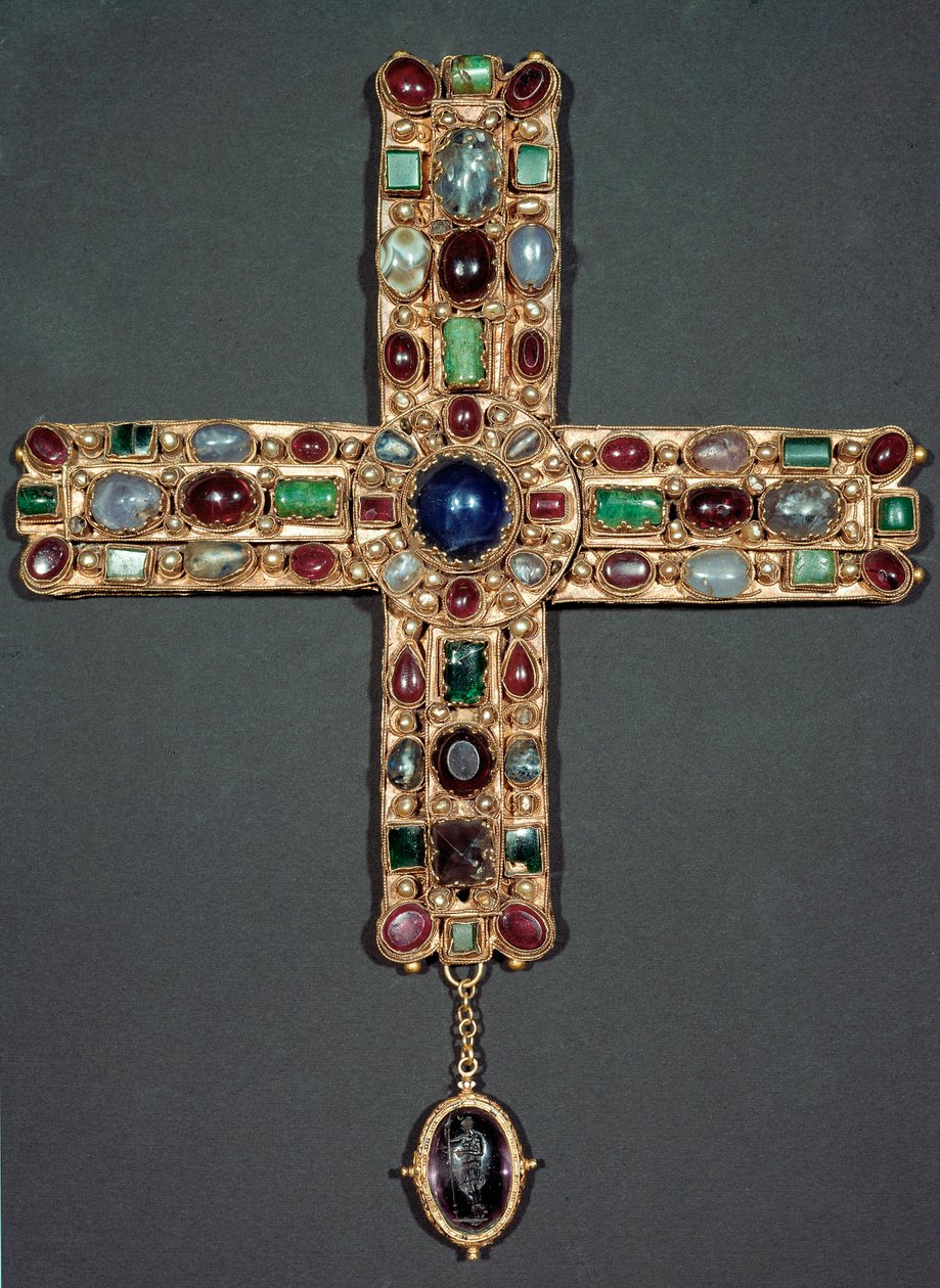 Lombardkunst: Berengarios gyldne kors og sten (Berenger) (850-924) Konge af Italien og kejser af Det Hellige Rige. 9. århundrede Monza, Museum of the Cathedrale - Lombard kunst: guld og ædelsten korset af Berengario (Berenger) (850-924), konge af Italien af Italian School