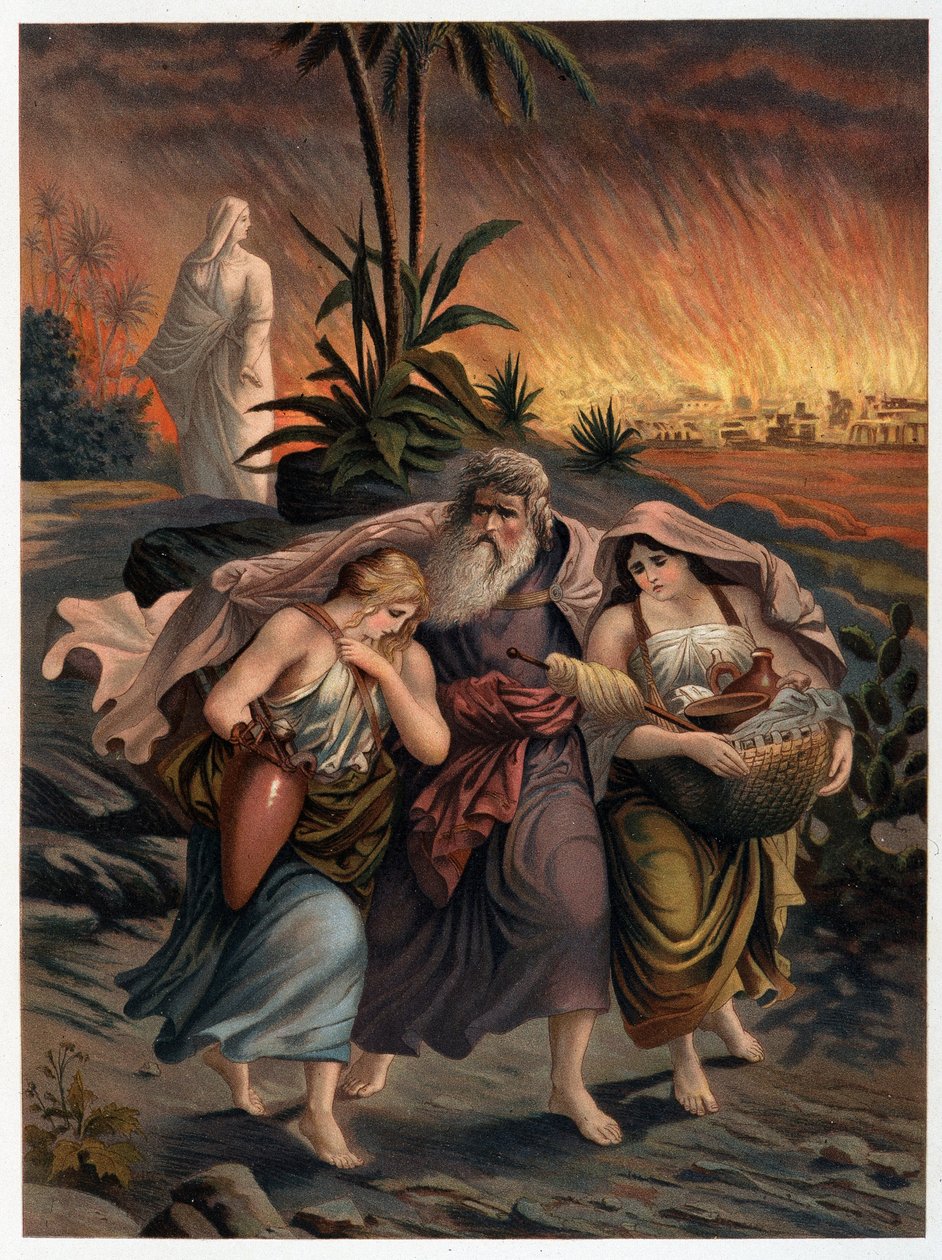 Loth undslipper ødelæggelsen af ​​Sodoma med sine to døtre, og hans kone forvandles til en statue af salt - i "Golden classic Bible: history of divine openbaring in the old and in the new thesis" "af Giovanni Ladislao Sykora (bd. 1) , oversætte af Italian School