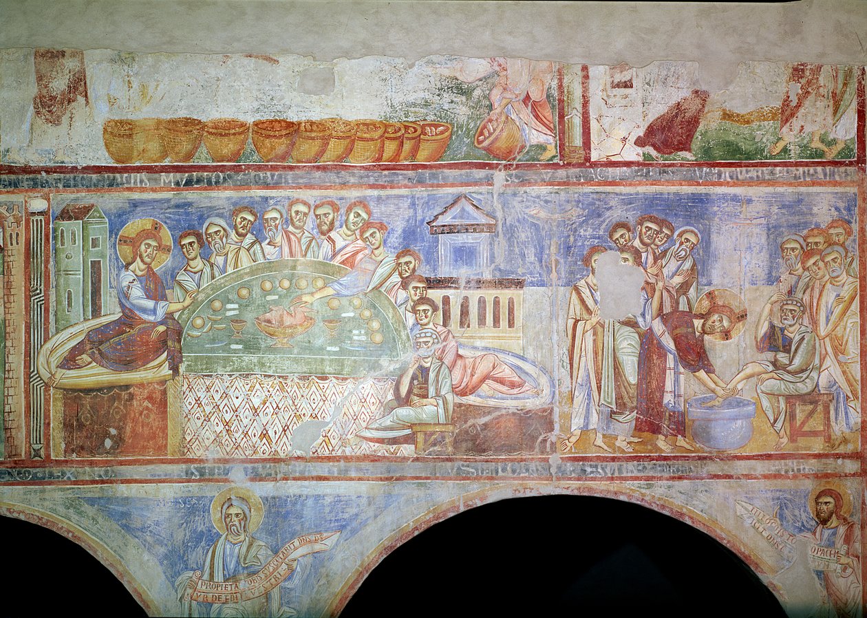 LtoR: Den sidste nadver og Kristus, der vasker disciplenes fødder, fra det centrale skib, Monte Cassino-skolen af Italian School
