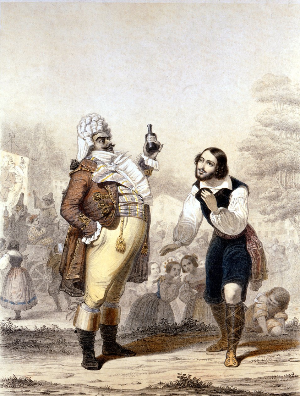 Luigi Lablache og Mario di Candia i en scene fra operaen The Elixir of Love af Italian School