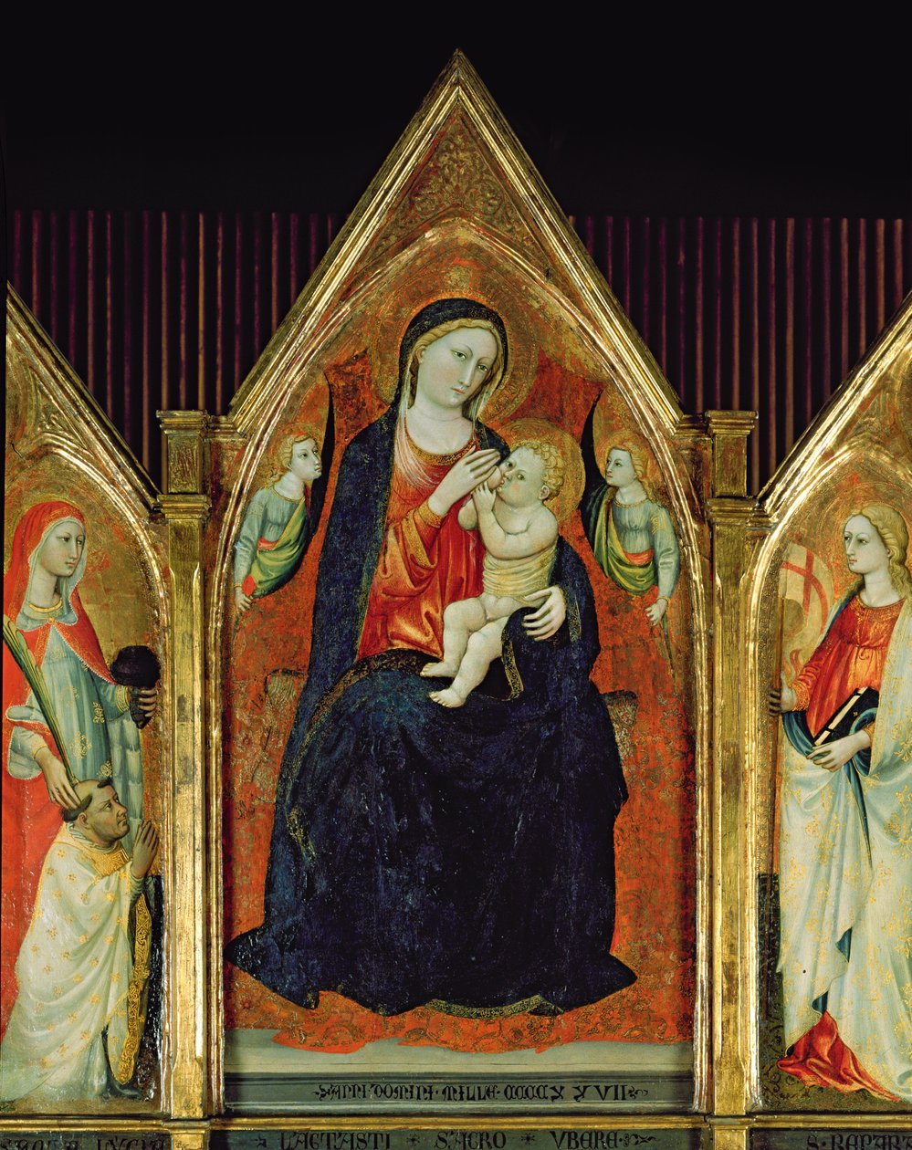 Madonna Nursing the Christ Child med helgener (tempera på træ) (detalje af 254064) af Italian School