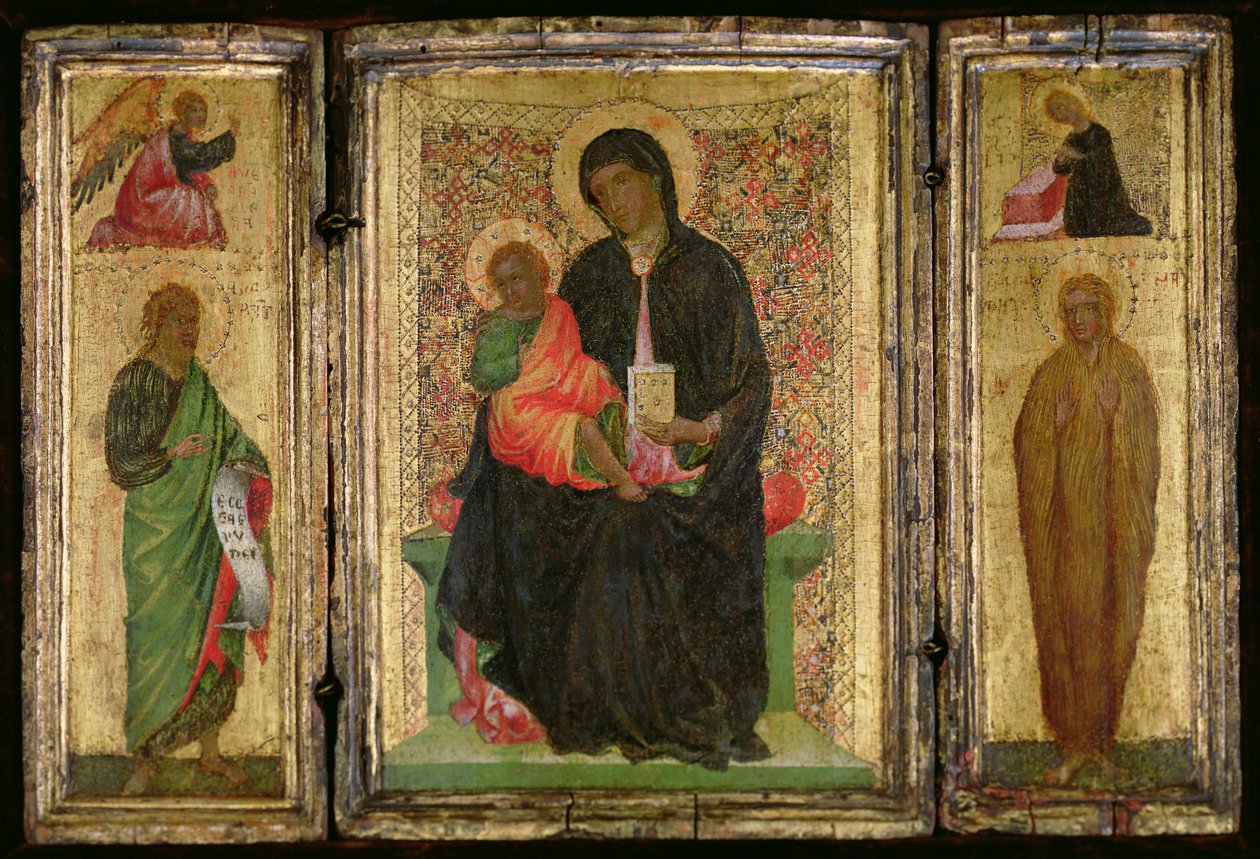Madonna og barn på tronen med (L-R) St. Johannes Døberen med Bebudelsens Engel ovenover og St. Mary Magdalene med Jomfru Bebudelsen ovenfor, ca. 1360-70 (tempera på panel) af Italian School