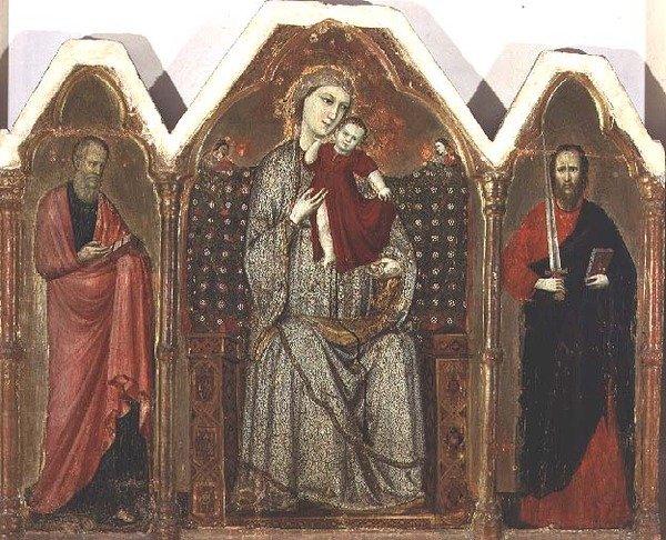 Madonna and Child Enthroned, med SS. Johannes evangelisten og Paulus, Rimineserskolen (triptykonpanel) af Italian School